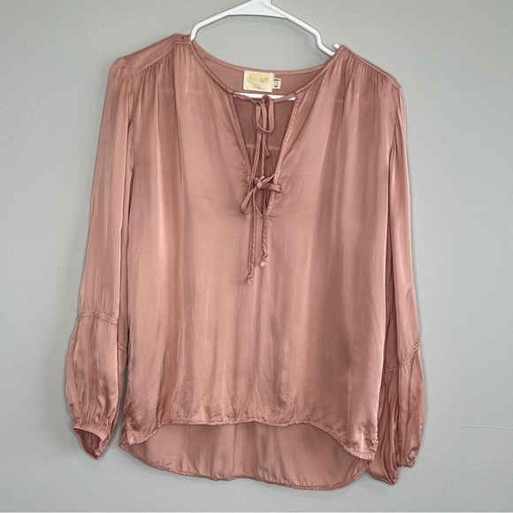 Nation LTD Pink Tie Neck Sateen Long Sleeve Blouse Balloon Sleeve Small Satin - Picture 14 of 14